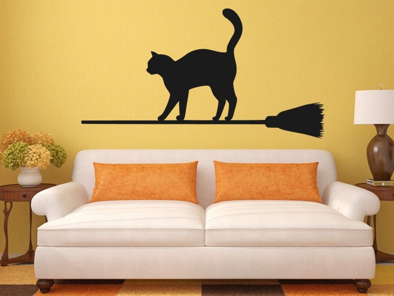 Samolepky na zeď Kočka na koštěti 0501 - Samolepící dekorace a nálepka na stěnu