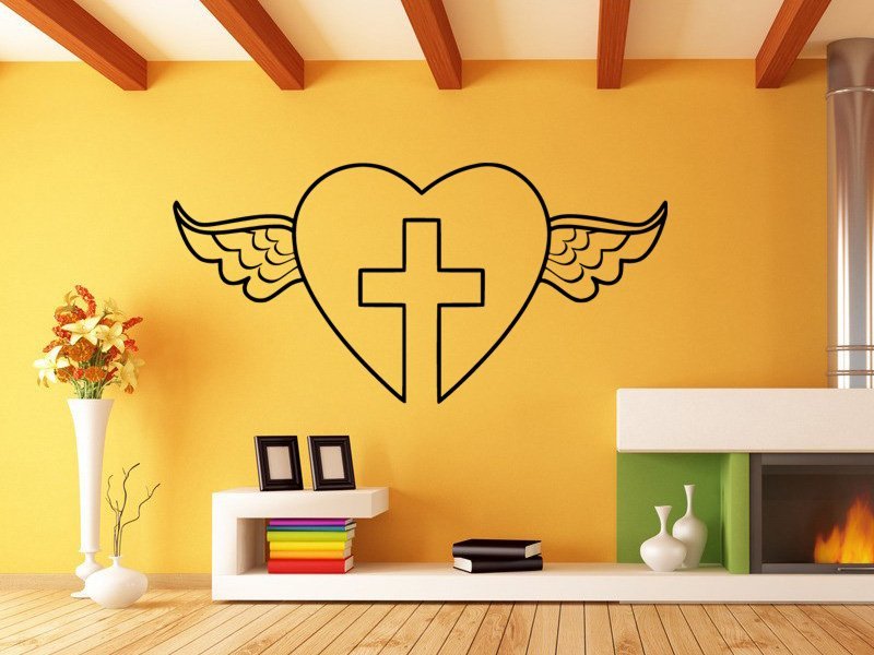 Samolepky na zeď Okřídlené srdce s křížem 1380 - Samolepící dekorace a nálepka na stěnu